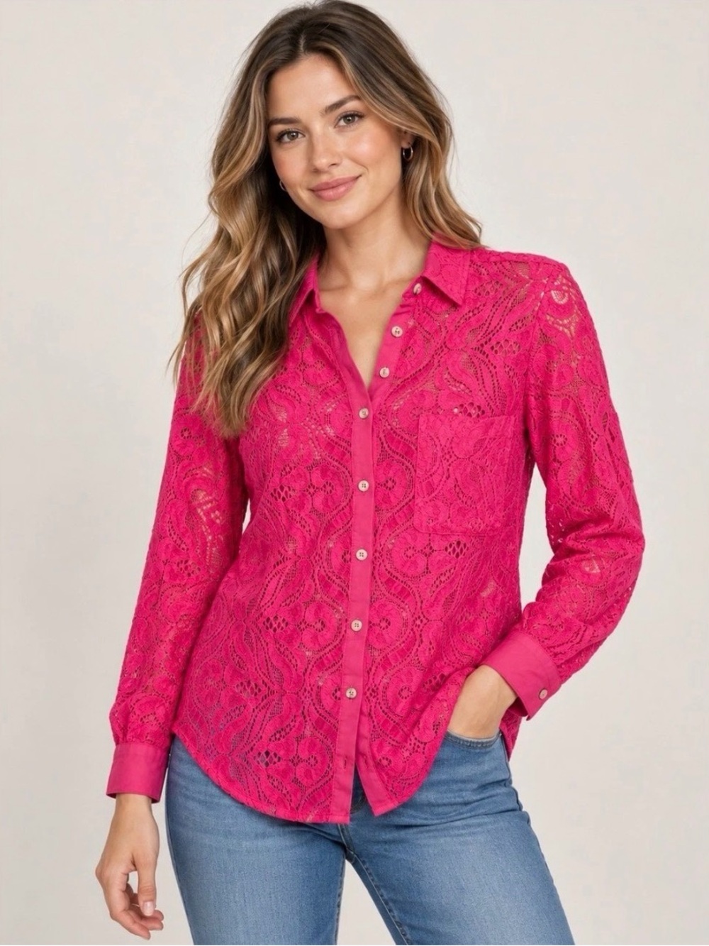 Maeve Anthropologie Hot Pink Floral Lace Button Down Blouse Size 6